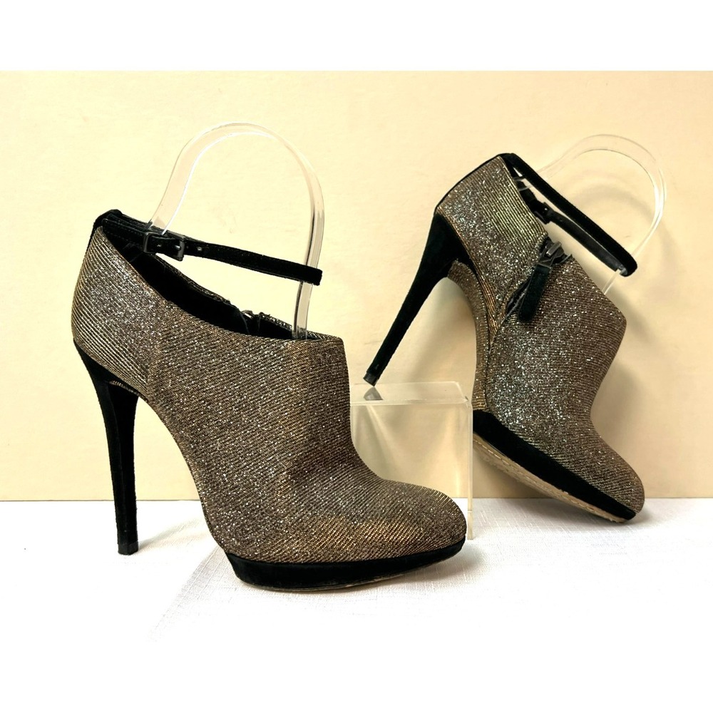 Brian Atwood Fruitera Stiletto Bootie Gold Glitter Ankle Strap Inner Zip SZ 6